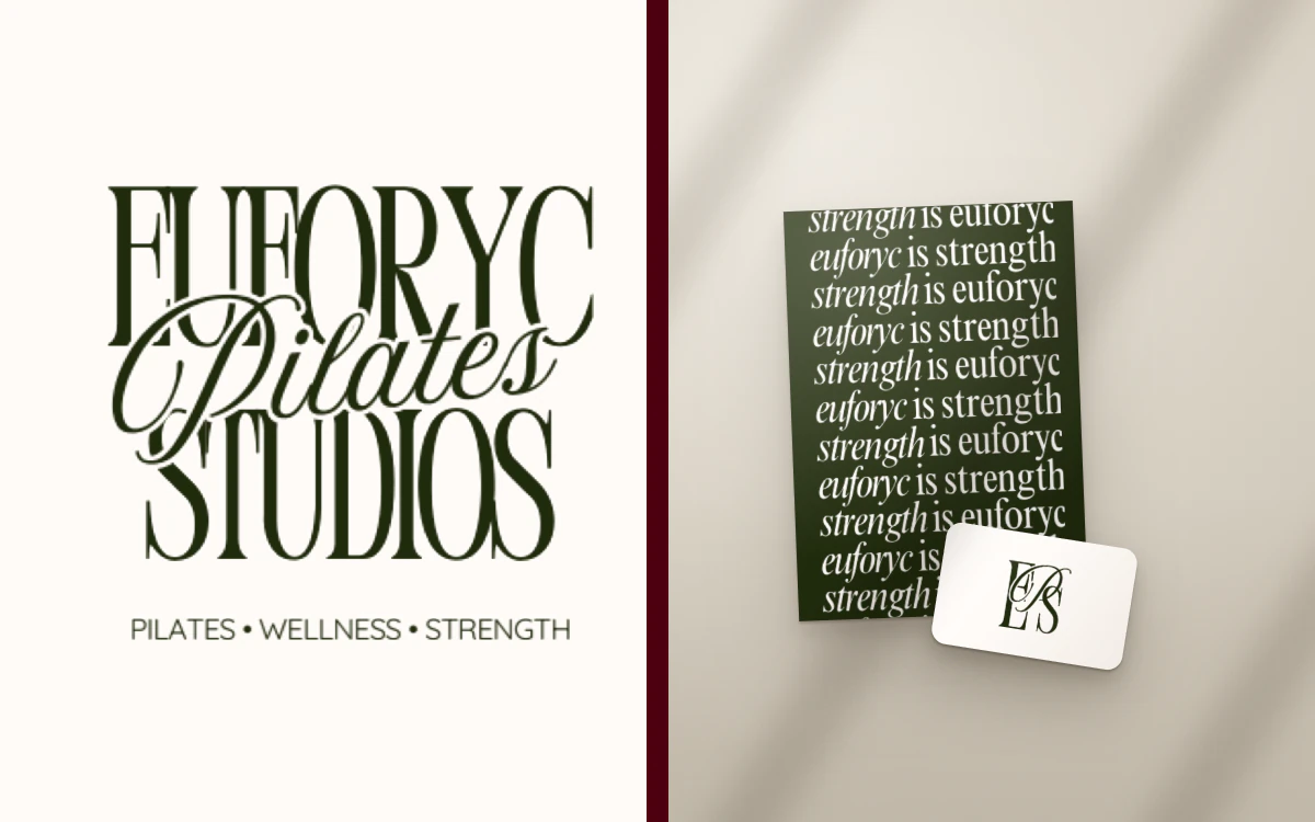 Euforyc Studios' identity: its wordmark lockup and line in forest green on cream, beside its type pattern printed on a green poster and its monogram on a cream card.
