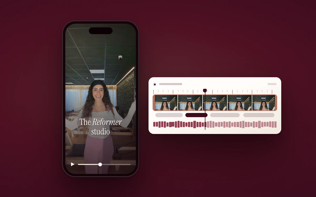 A vertical video being edited: a frame of Euforyc Studios’ own film on a phone, its founder in the Reformer studio under the caption “The Reformer studio”, with a play bar, beside an editing timeline.