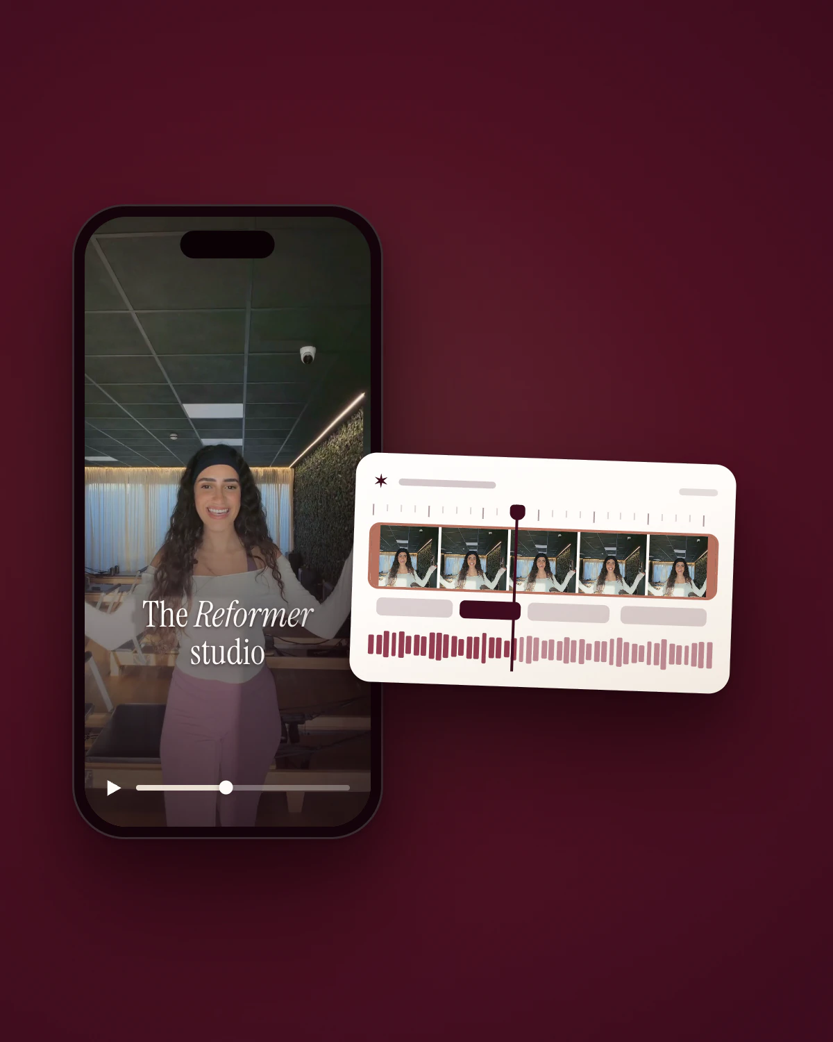 A vertical video being edited: a frame of Euforyc Studios’ own film on a phone, its founder in the Reformer studio under the caption “The Reformer studio”, with a play bar, beside an editing timeline.