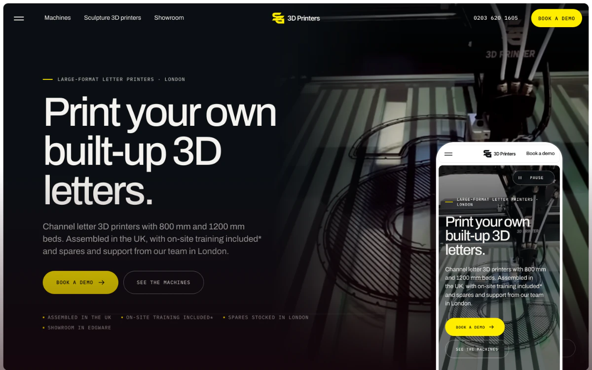 SG 3D Printers' website on a desktop screen, with the same page on a phone in front.