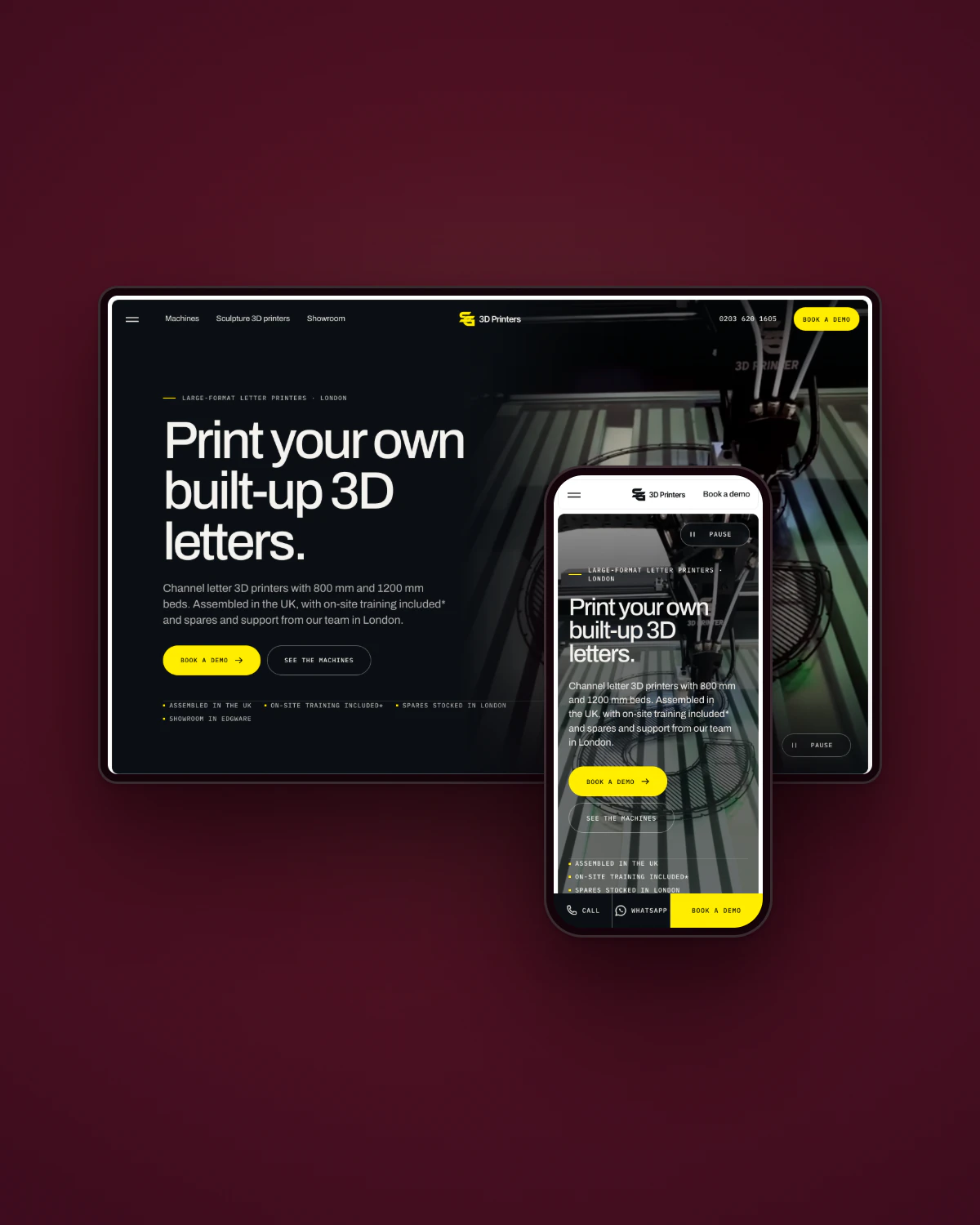 SG 3D Printers' website on a desktop screen, with the same page on a phone in front.
