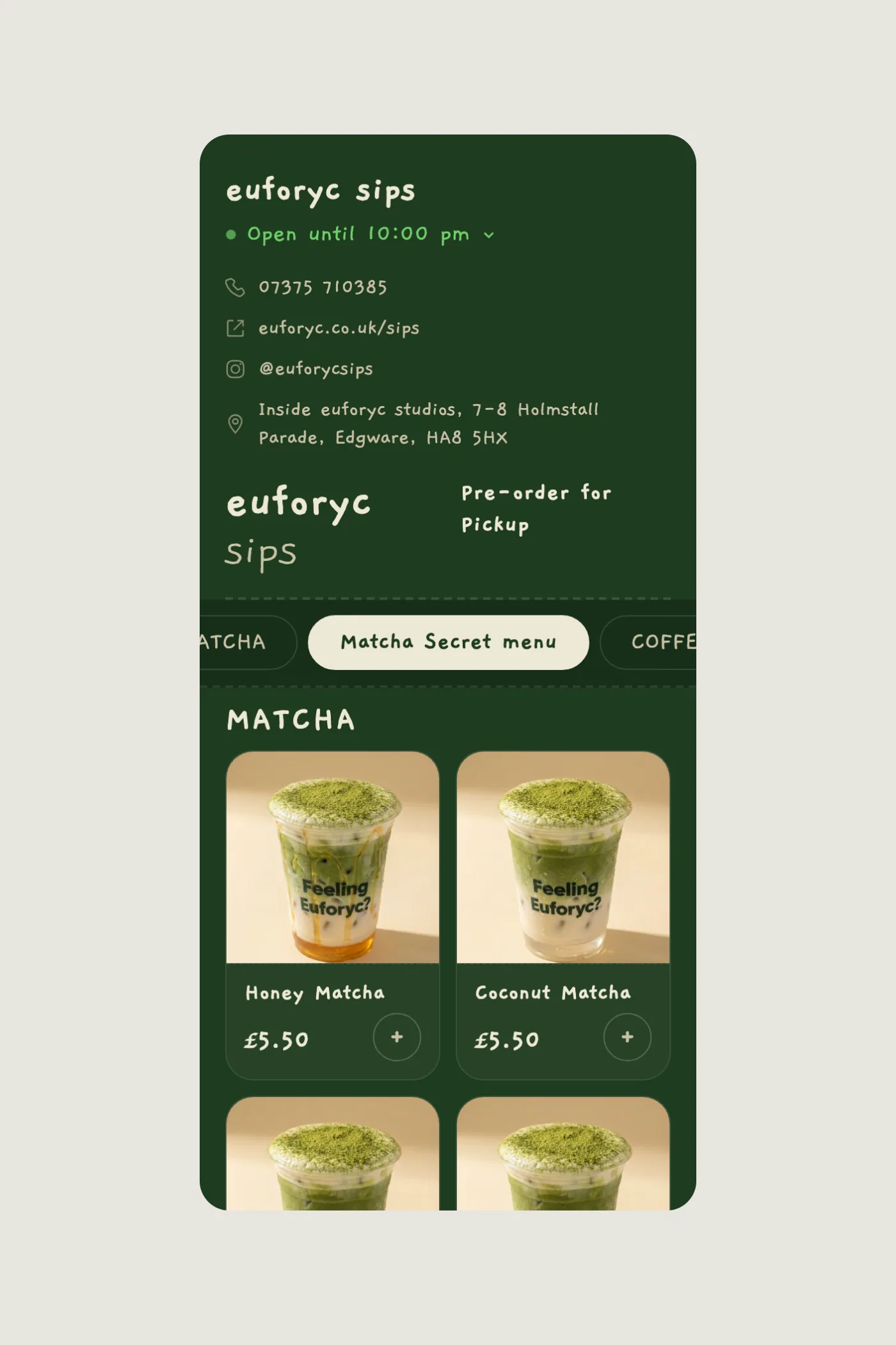 Another page of Euforyc Sips on a phone.