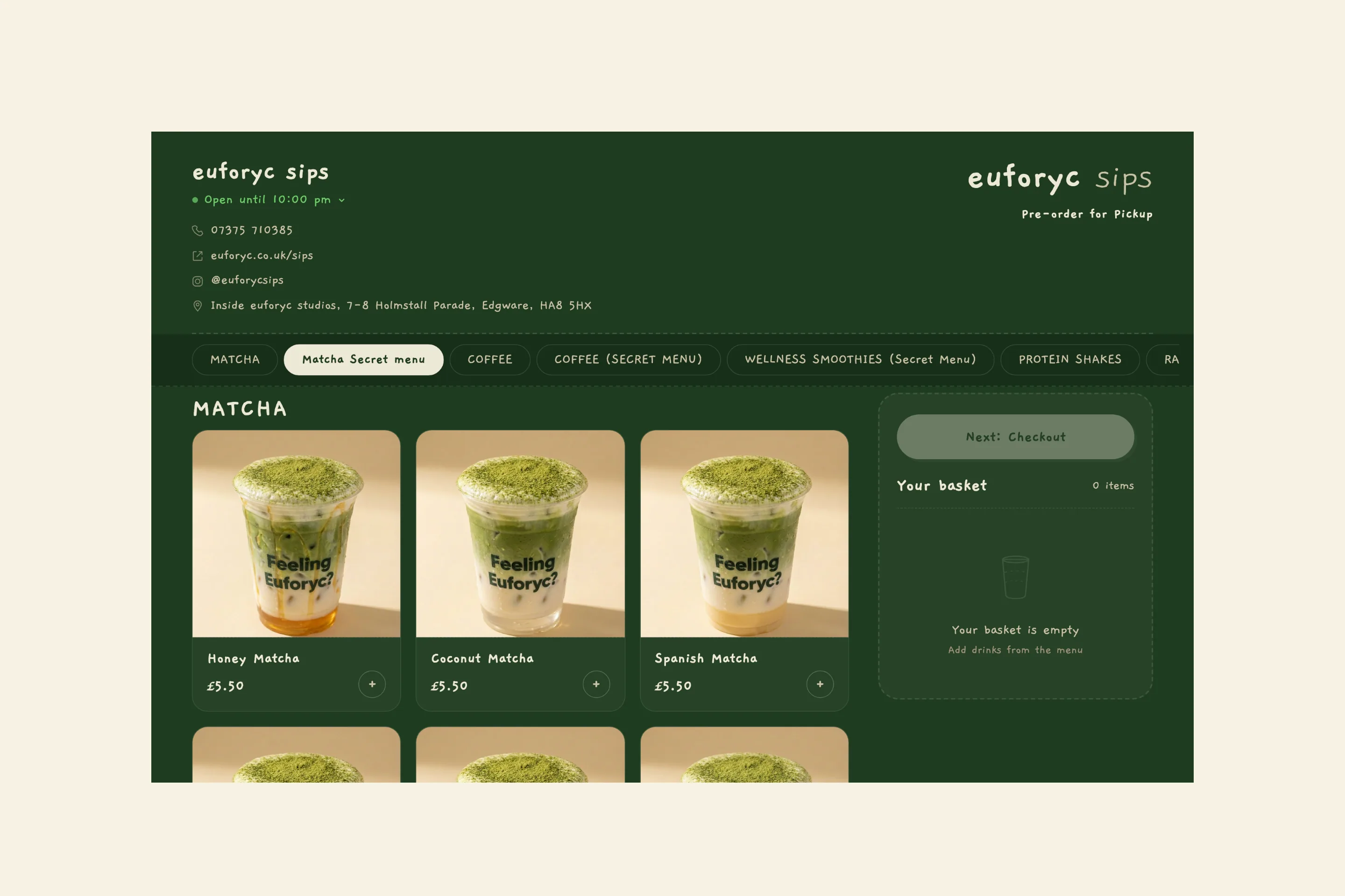 Euforyc Sips: a page of the site on a desktop screen.