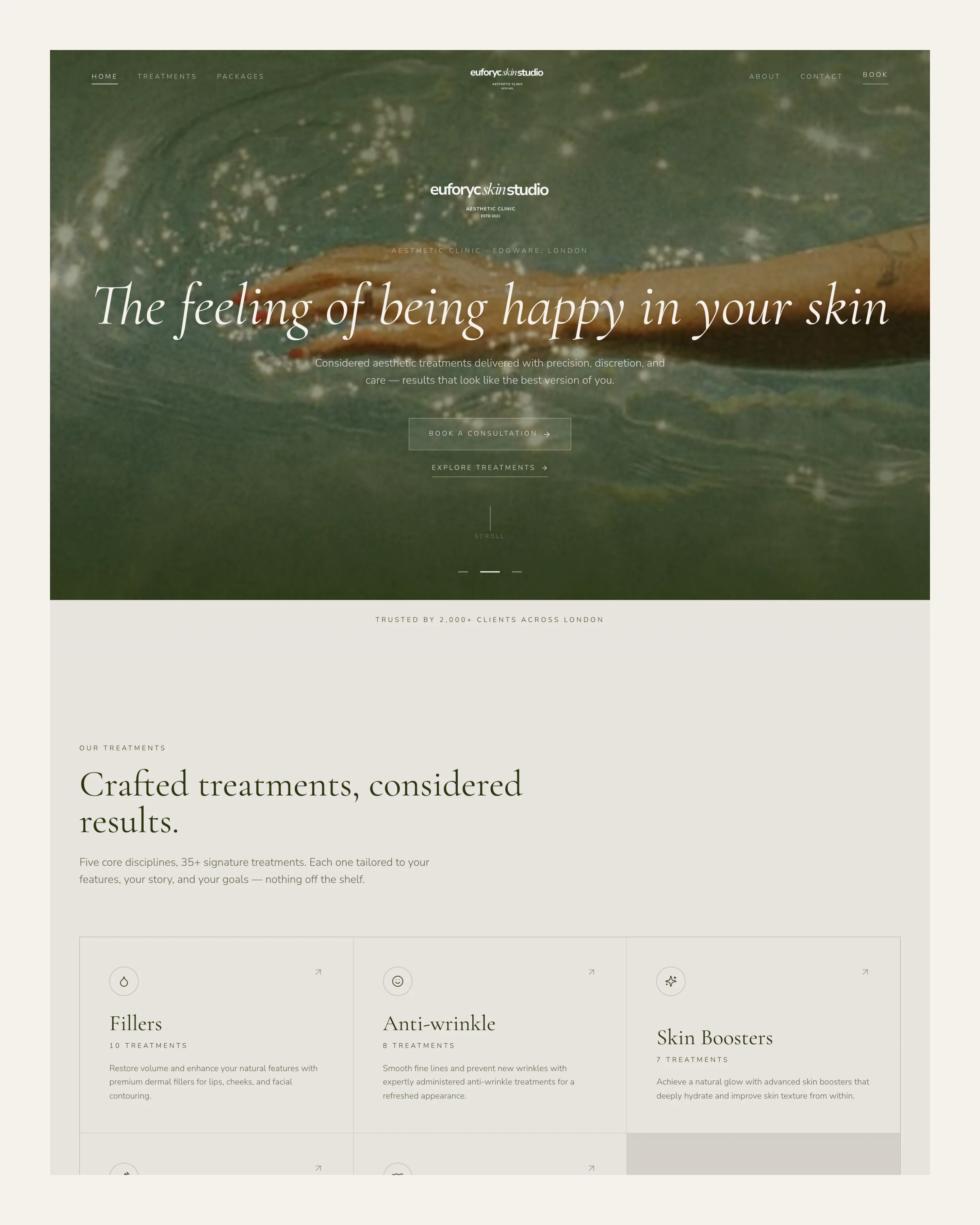 Euforyc Skin Studio's home page, from the top.