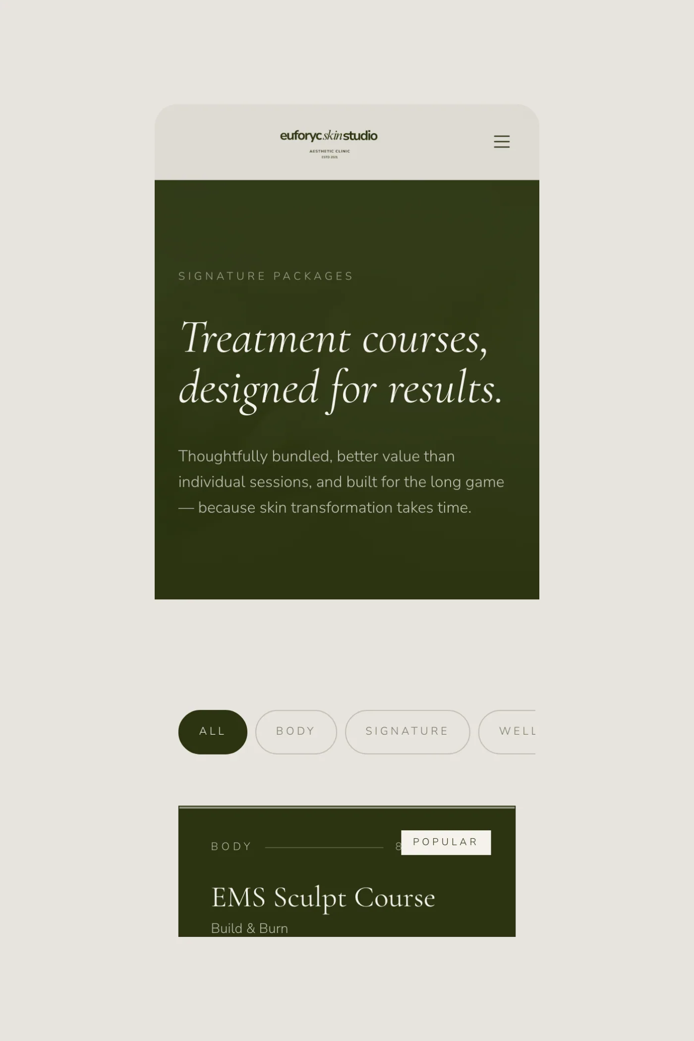 Another page of Euforyc Skin Studio on a phone.