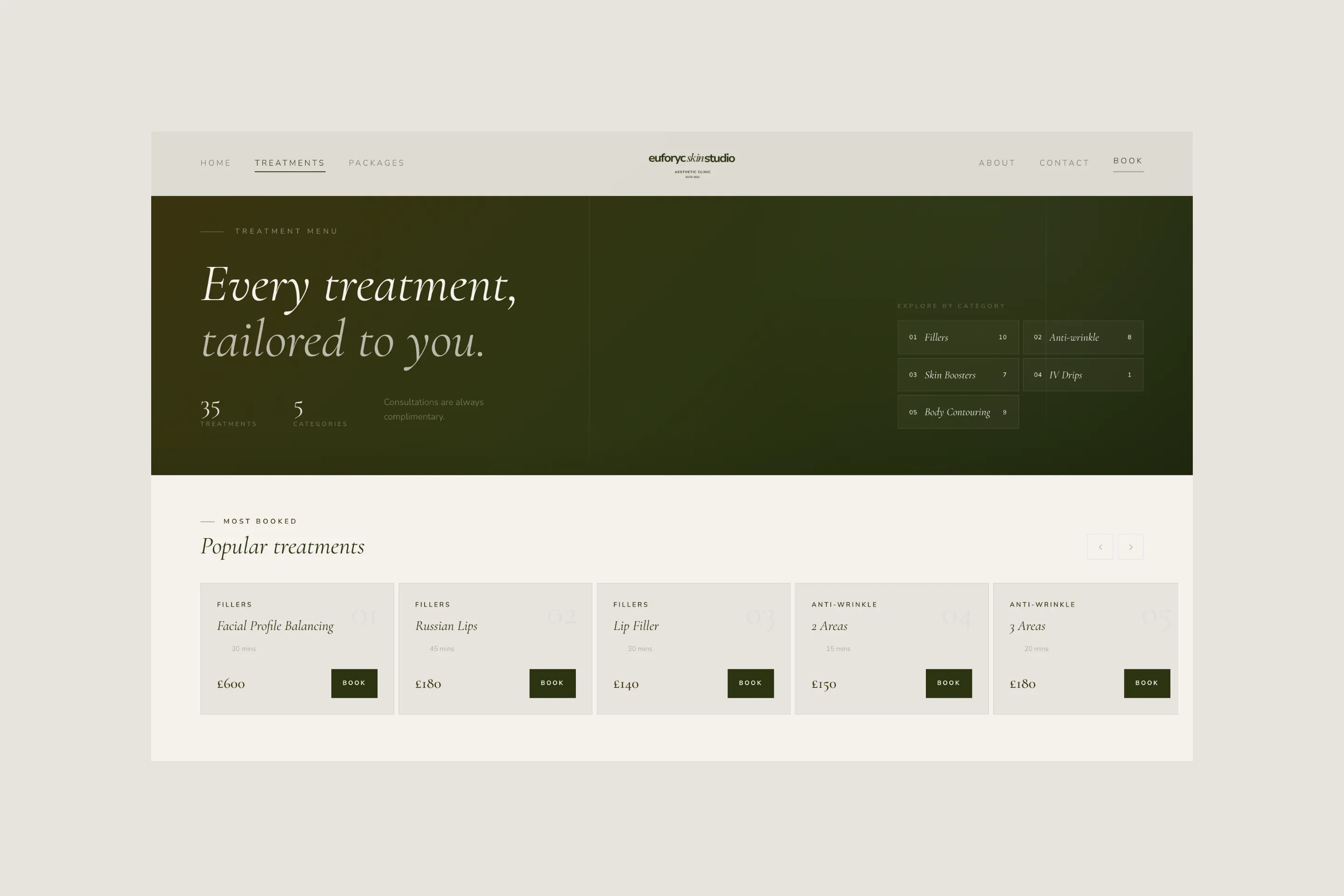 Euforyc Skin Studio: a page of the site on a desktop screen.