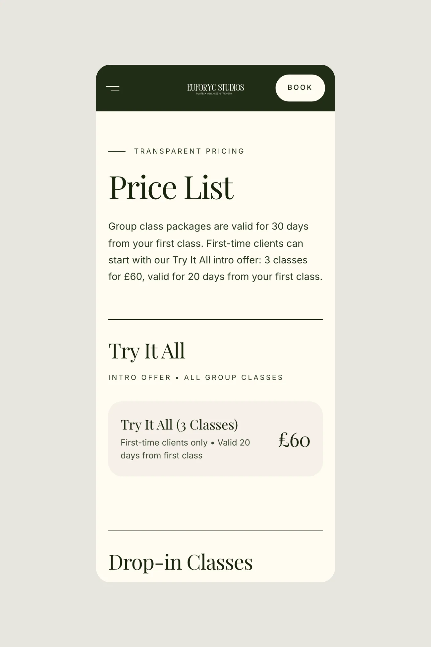 Another page of Euforyc Studios on a phone.