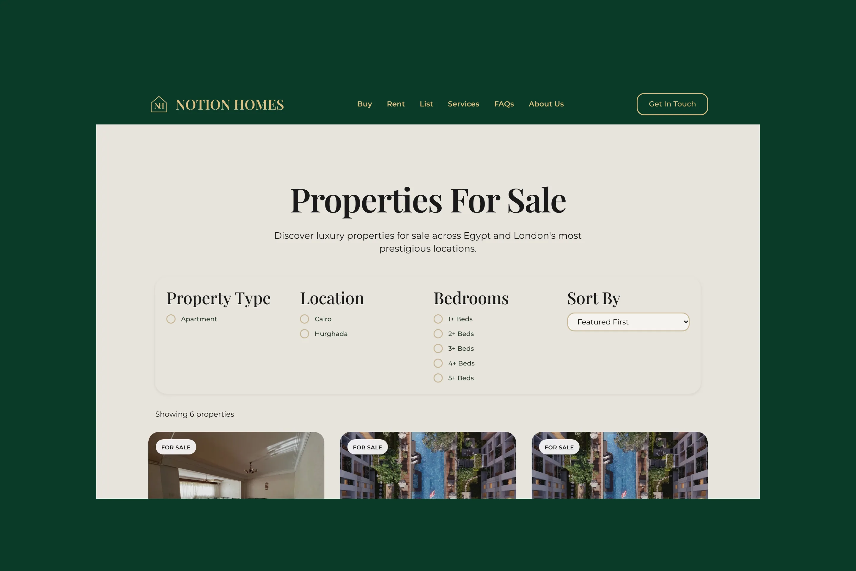 Notion Homes: a page of the site on a desktop screen.