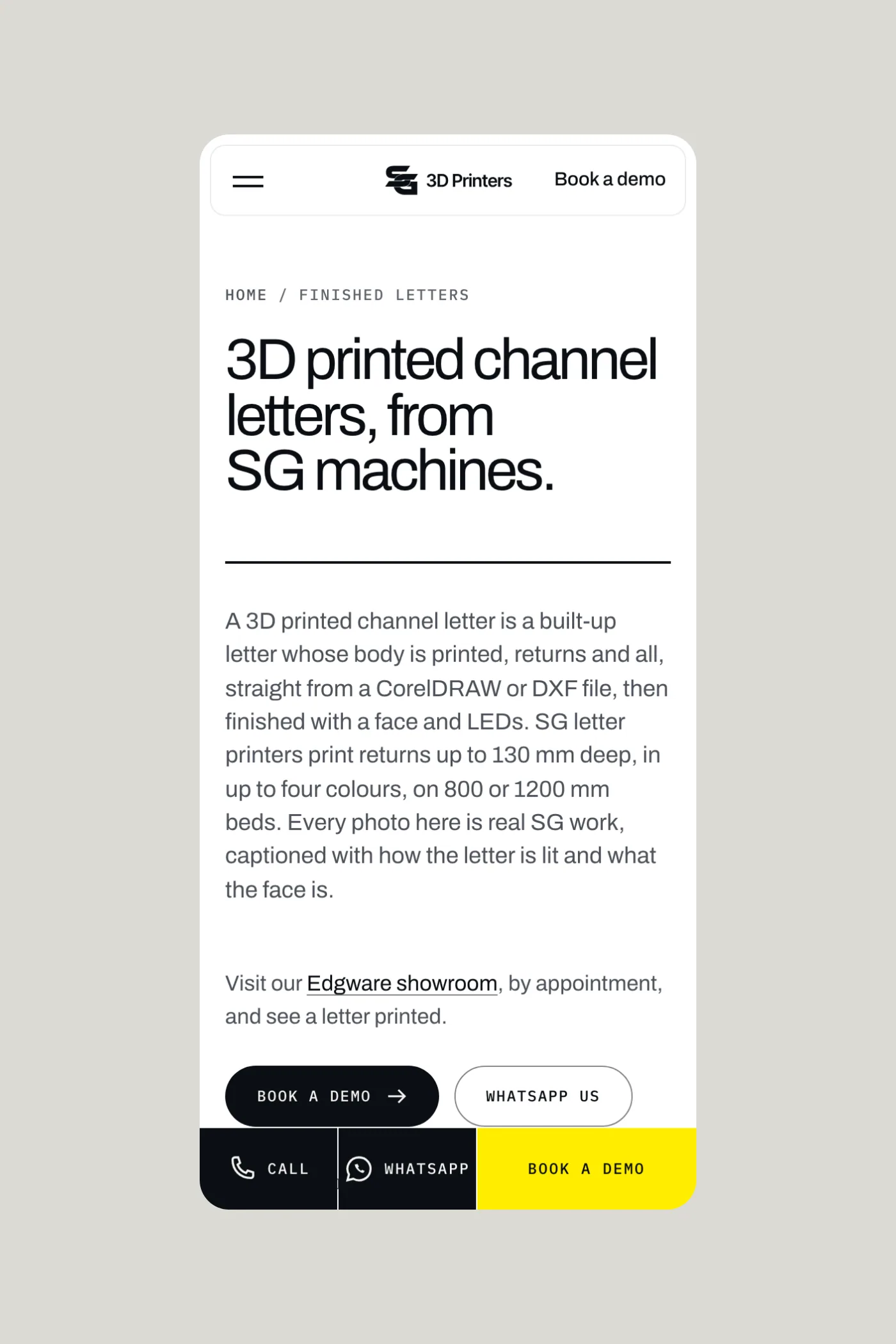 Another page of SG 3D Printers on a phone.