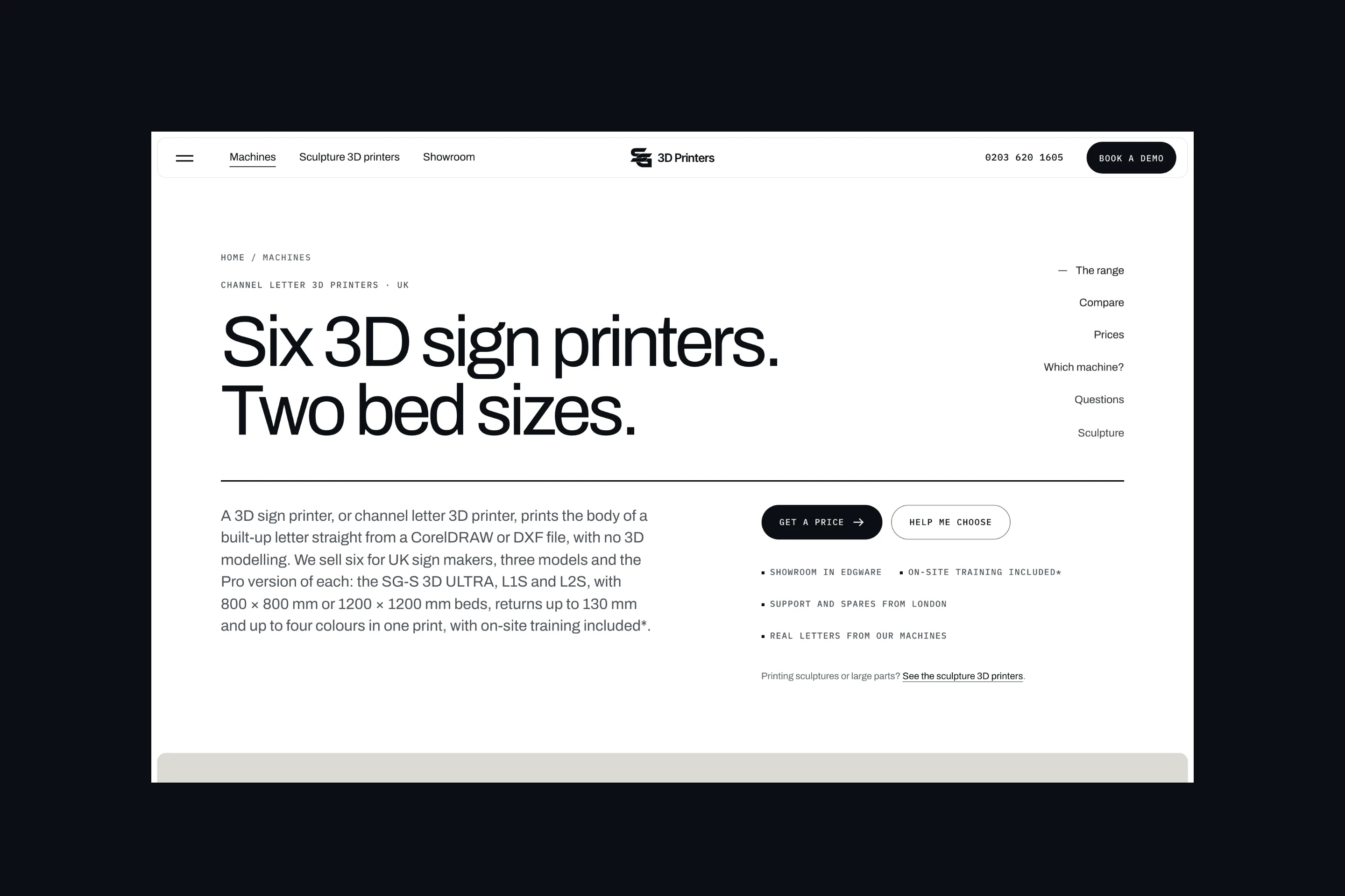 SG 3D Printers: a page of the site on a desktop screen.