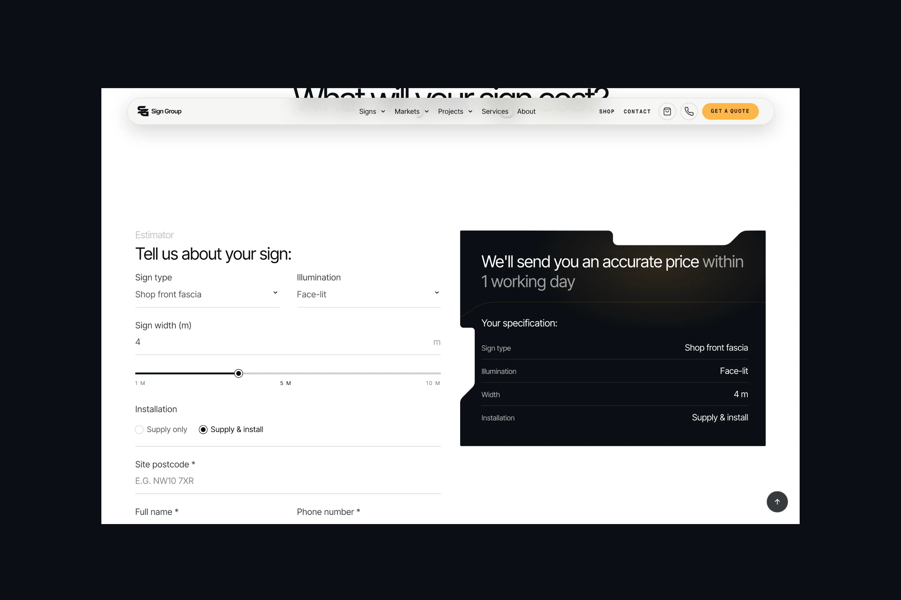Sign Group: a page of the site on a desktop screen.